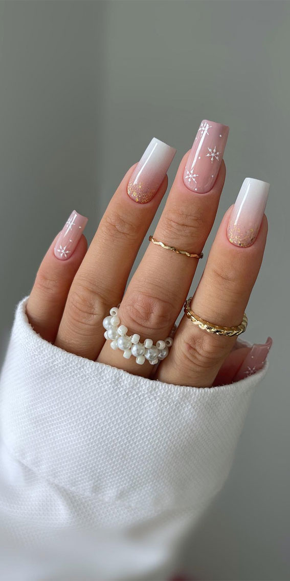 Nude White Ombre With Snowflake Glitter Nude White Ombre With Snowflake Glitter — Winter Square Nails