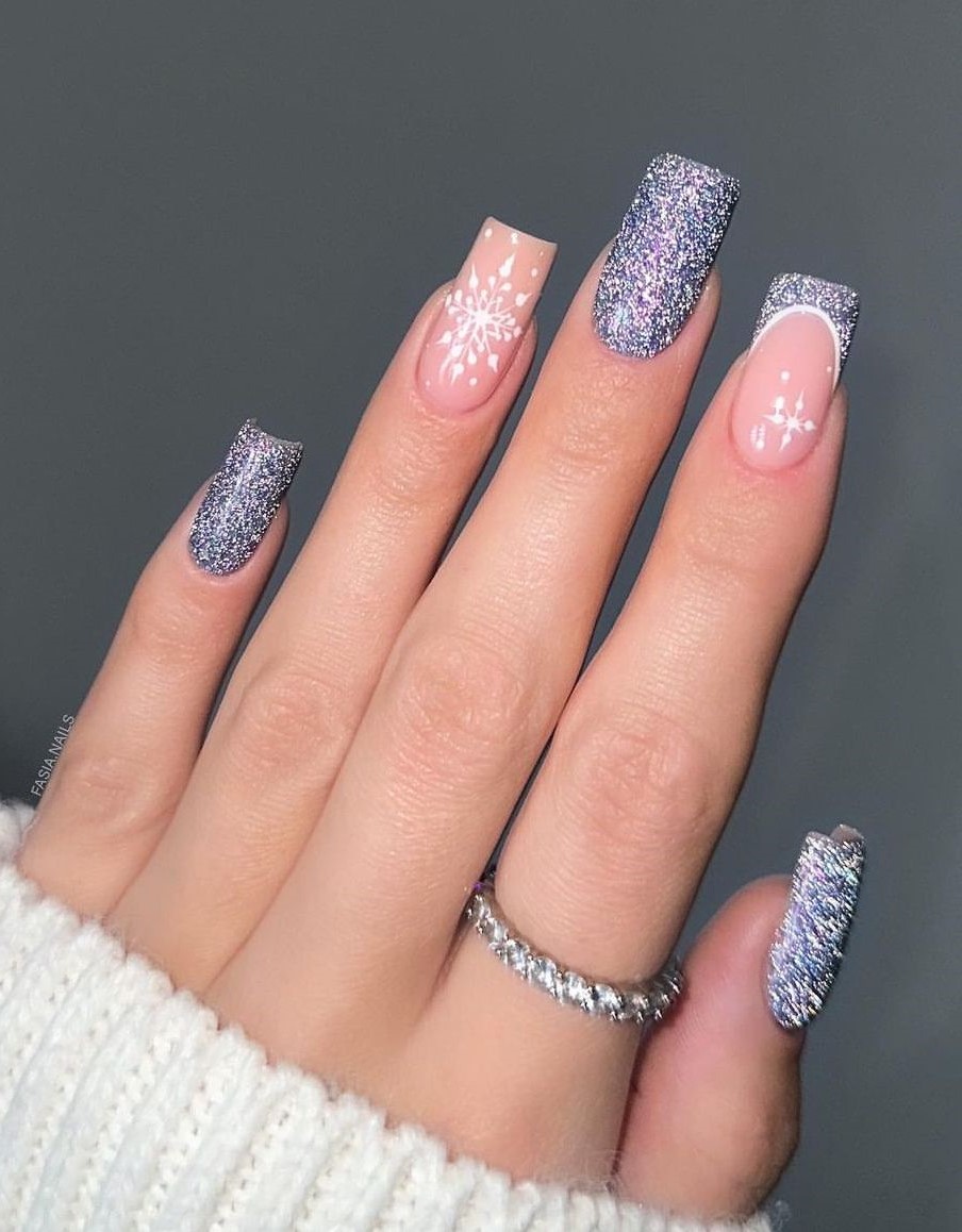 Nude Snowflake With Holographic Glitter French Nude Snowflake With Holographic Glitter French — Winter Square Nails