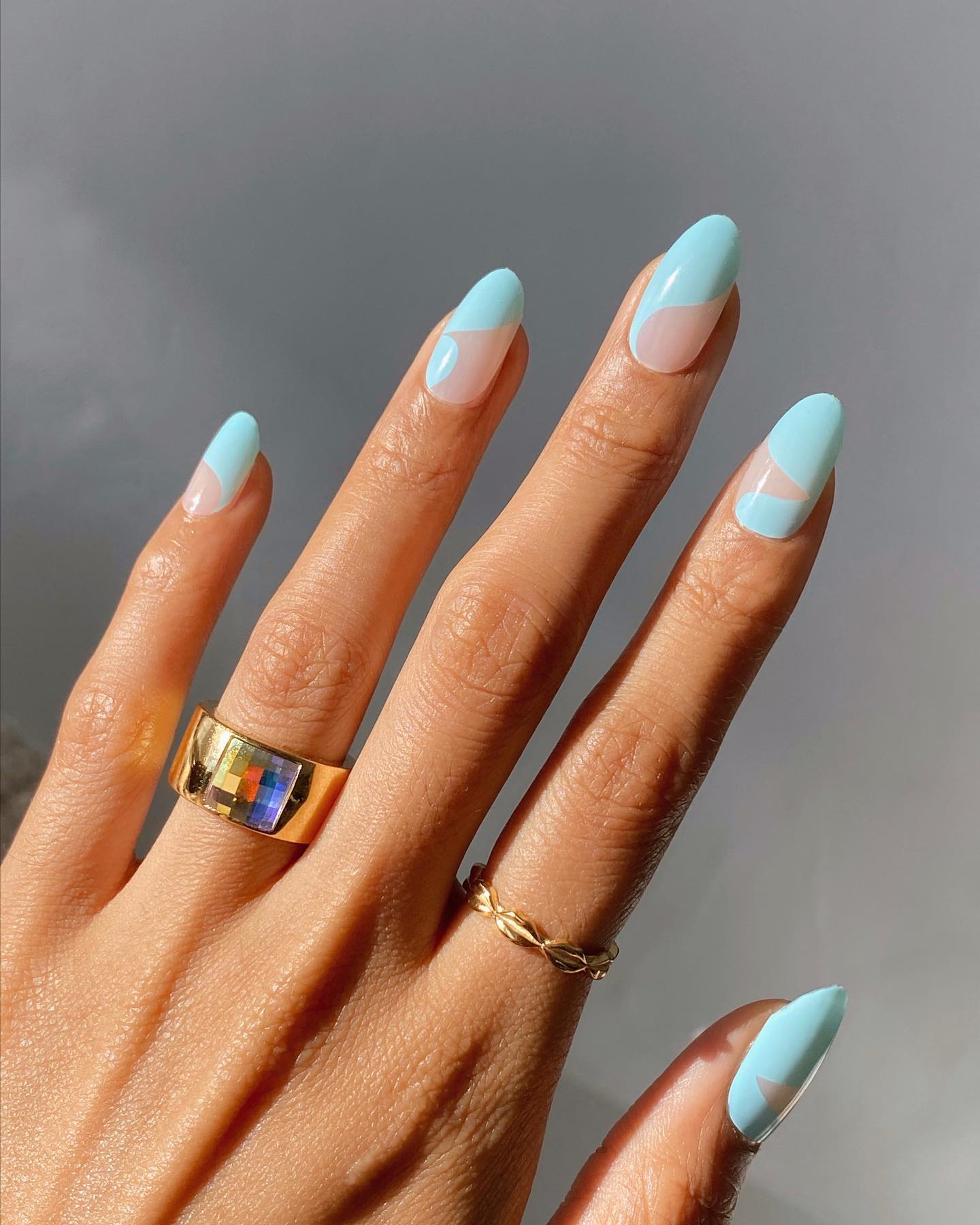 Medium Almond Pastel Blue Abstract Shapes — Blue Nail Inspo