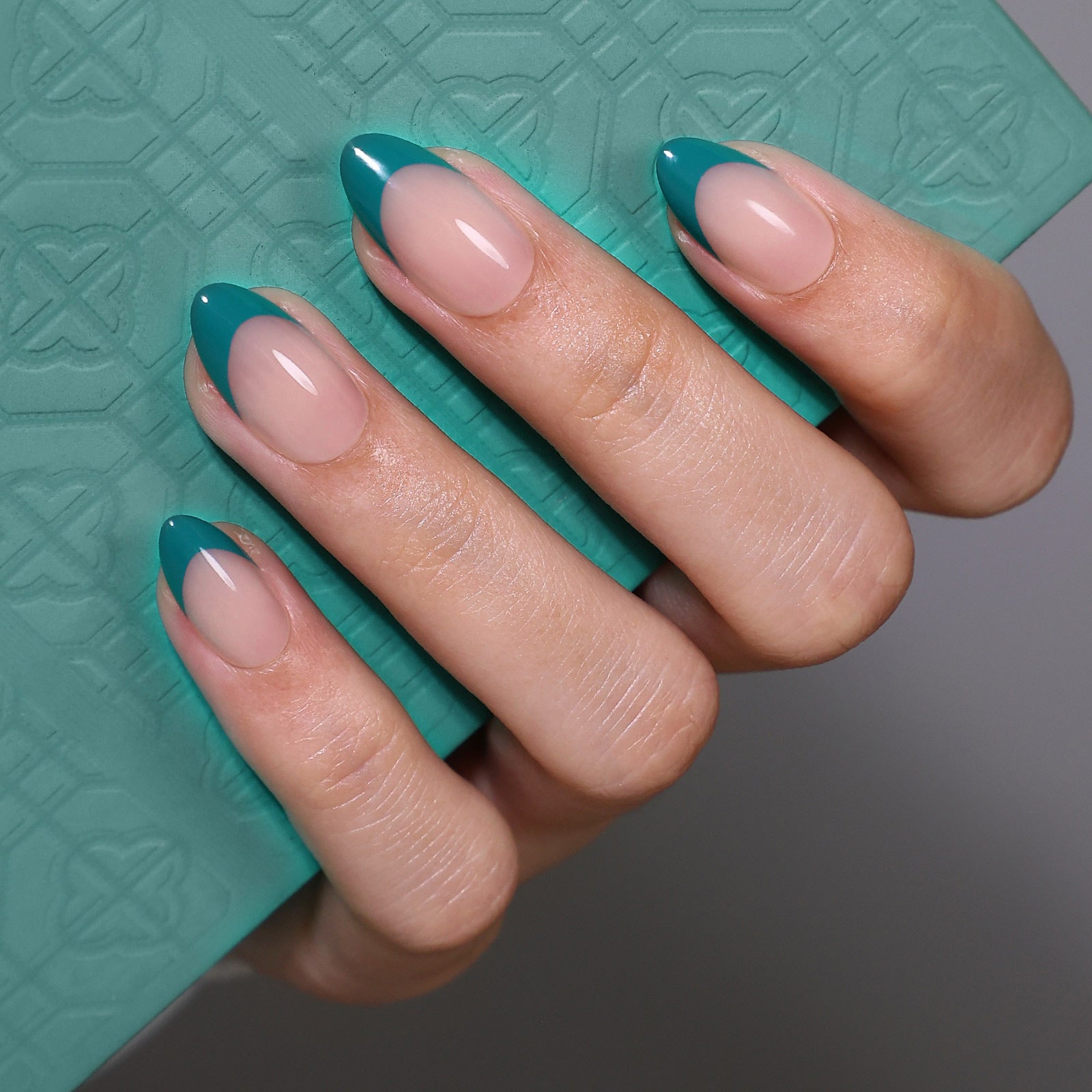 Deep Teal French Tips Visual Idea Deep Teal French Tips Visual Idea — Short Winter Almond Nails