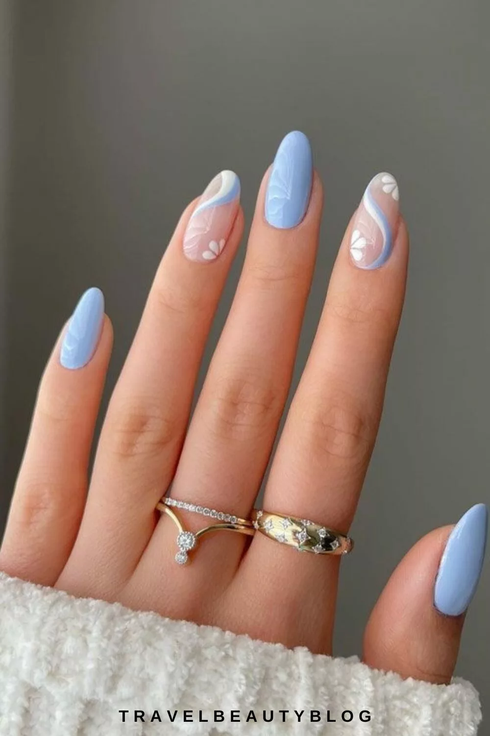 Pastel Blue Abstract Swirls with Flowers — Winter to Spring Transition Nails