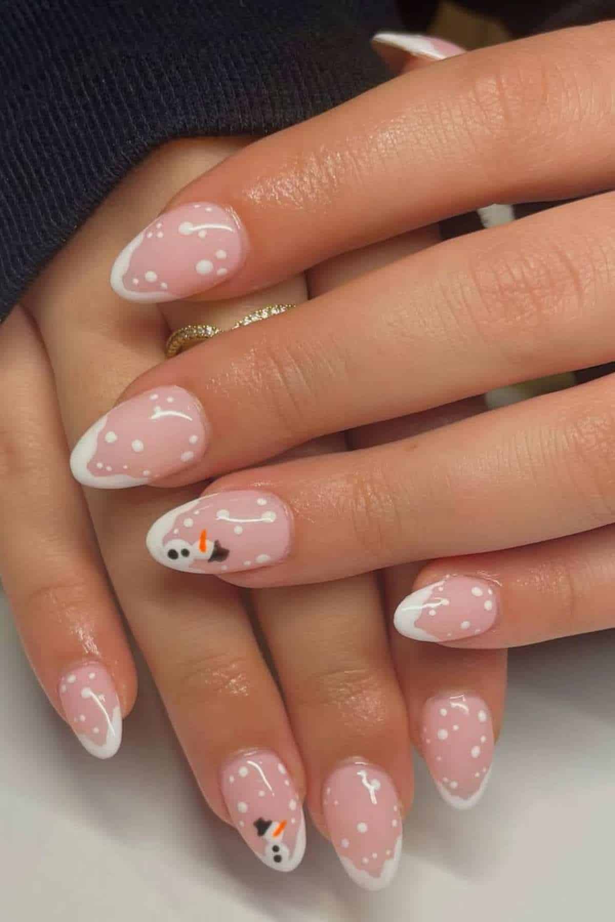 Snowman Motif And White Dots Visual Idea — Winter Oval Nails