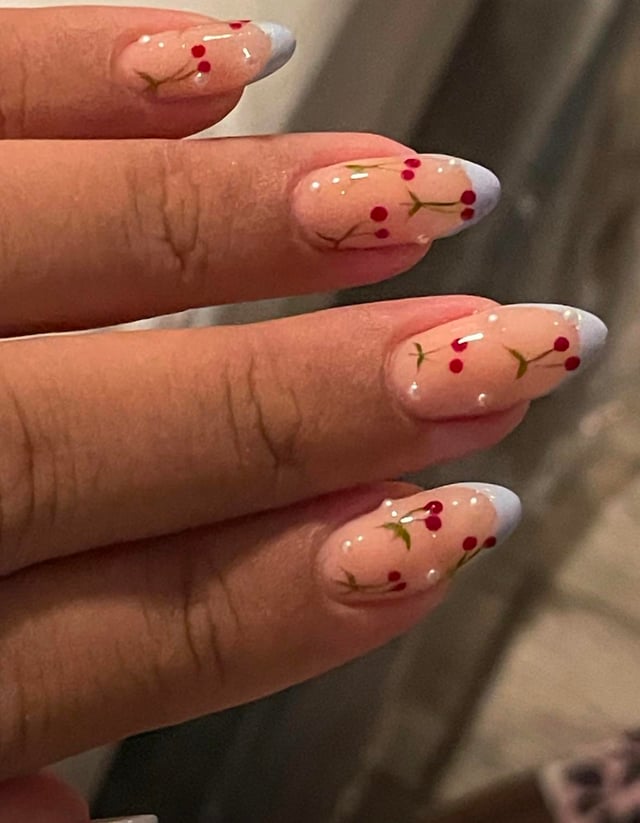 Medium Oval Nude French with Berry Accents — Easy Nail Designs