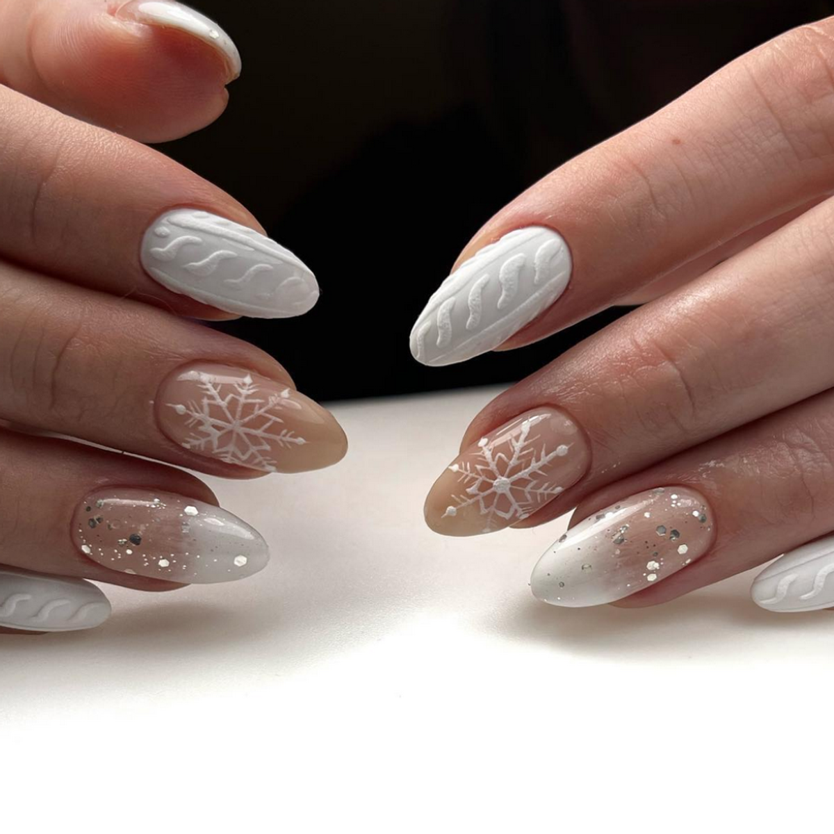 White Nude Silver Glitter Visual Idea — Winter Gel Nails