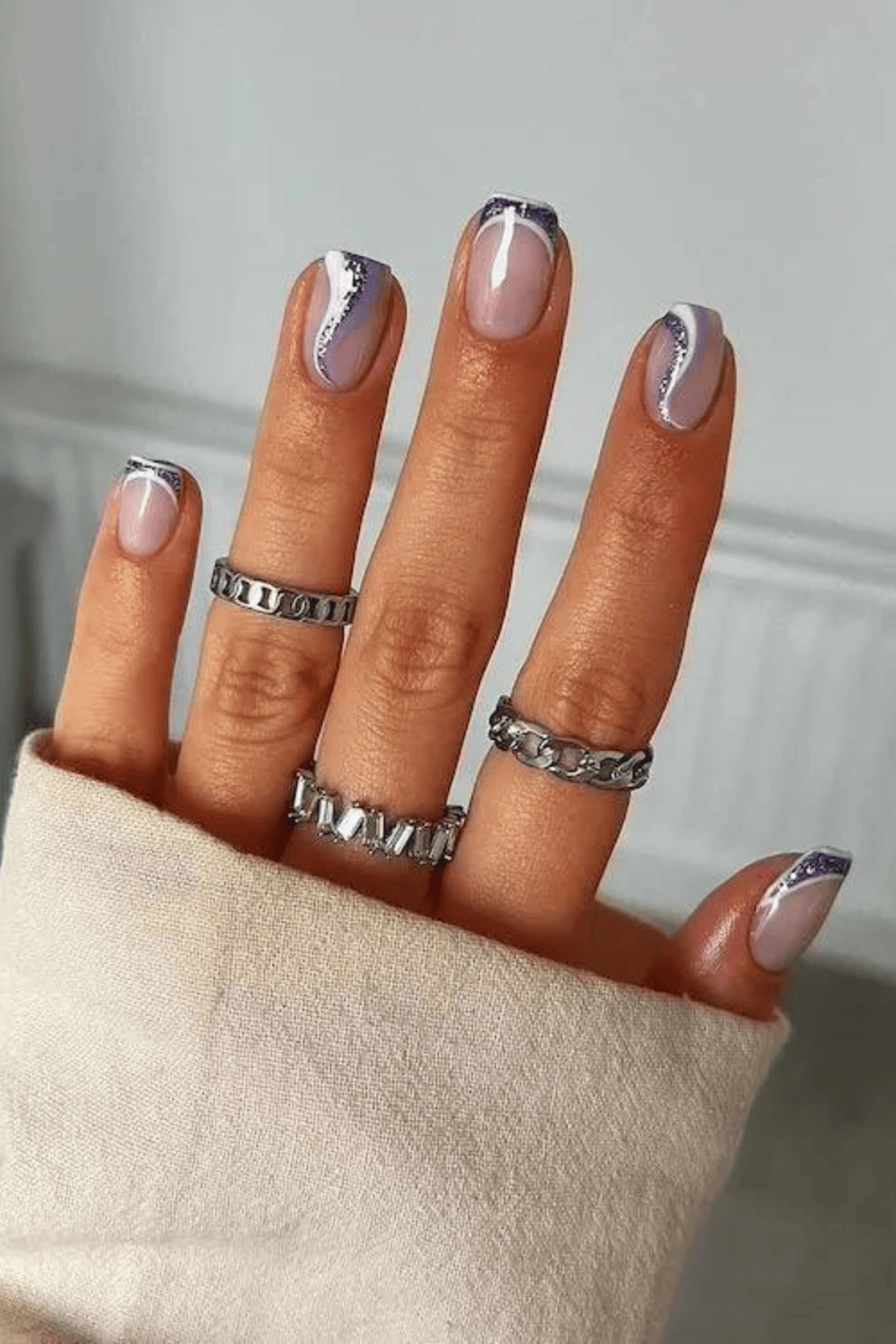 Sheer Pink Swirls with Glitter Tips Sheer Pink Swirls with Glitter Tips — Short Winter Nails