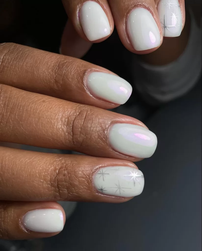 Milky White with Subtle Starburst Lines — Minimalist Winter Nails