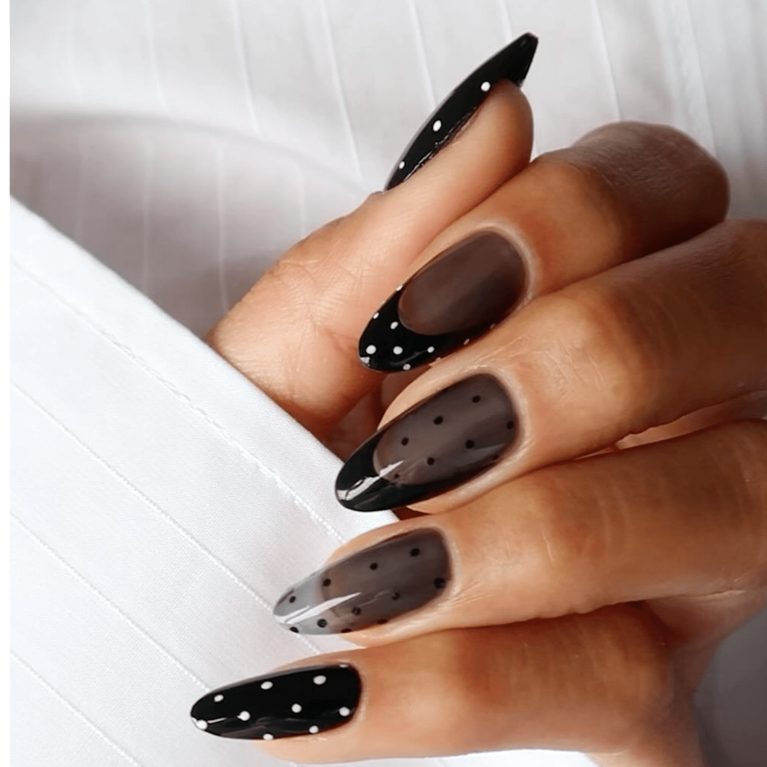 Sheer Black French Polka Dot Almond Nails Sheer Black French Polka Dot Almond Nails — Dark Winter Nails