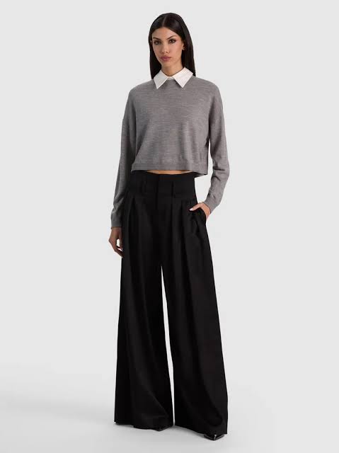 Sophisticated Layers: Knit Sweater, Collared Shirt, and Wide-Leg Trousers — Comfy Winter Outfits