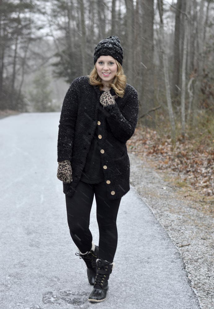 Textured Cardigan and Leopard Print Gloves for a Casual Snow Escape — Snow Day Outfits