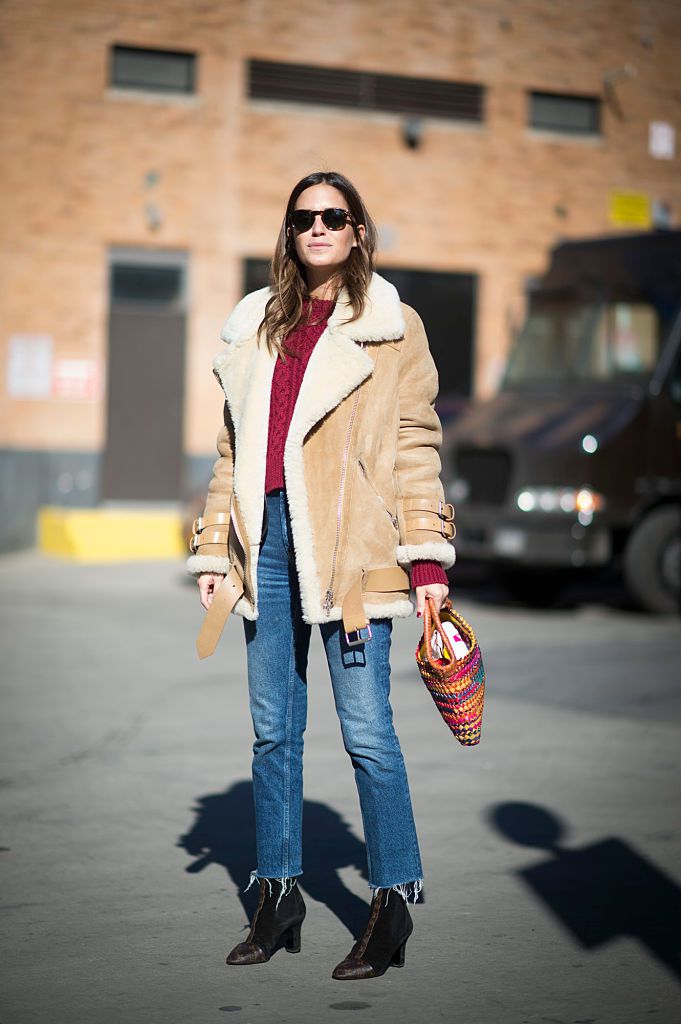 Aviator Shearling Jacket with Burgundy Sweater — Shearling Coat Outfits