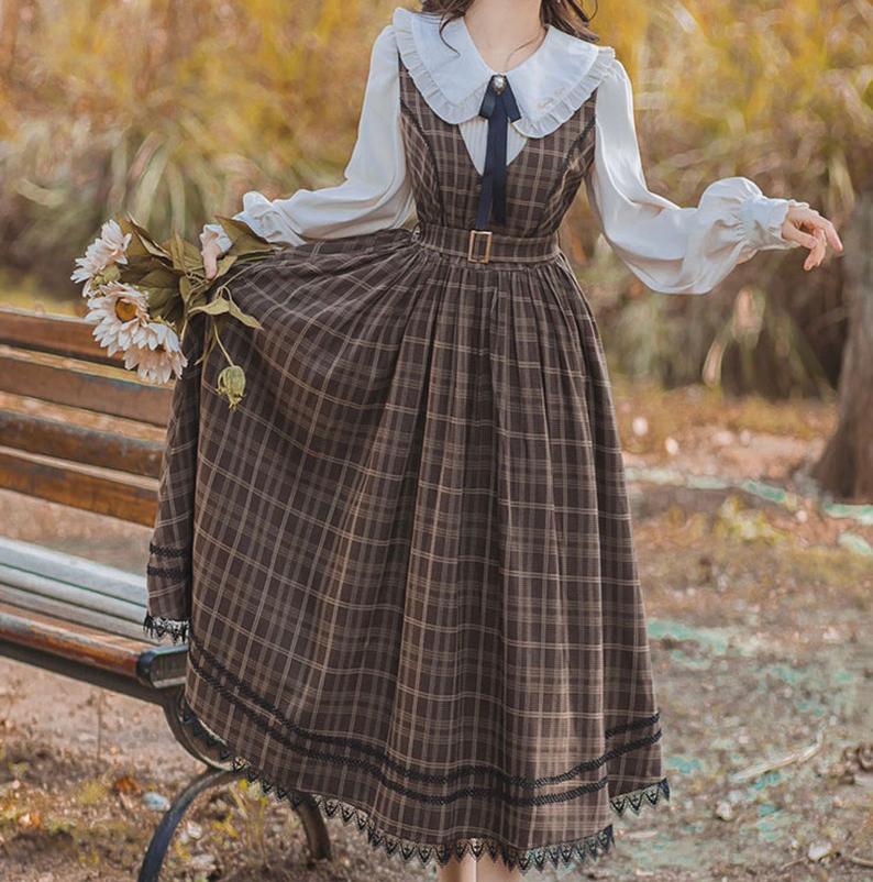 Plaid Jumper Dress Over Ruffled Blouse for Academic Charm Plaid Jumper Dress Over Ruffled Blouse for Academic Charm — Dark Academia Winter Outfits