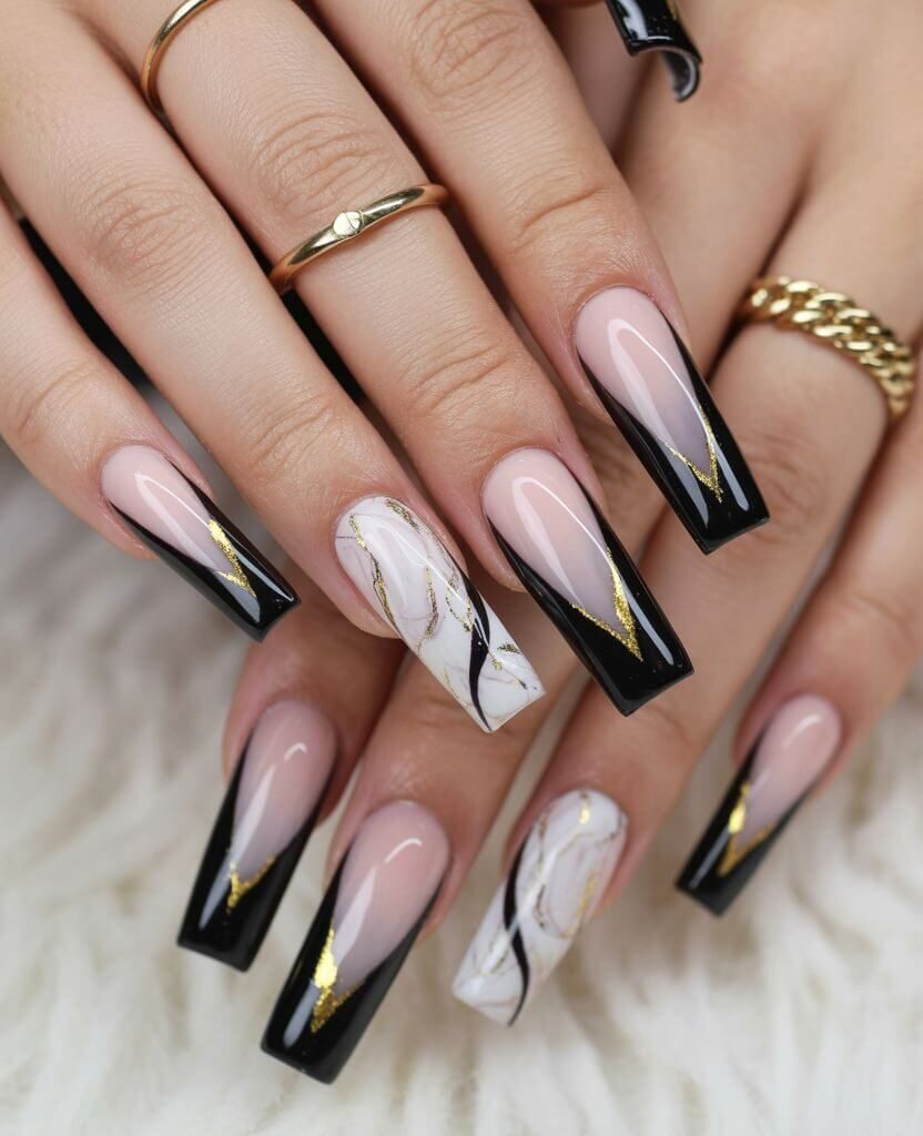 Glamorous Black French Tips with Gold Foil — Winter Black Nails