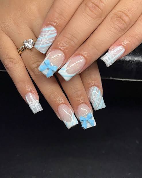 Long Square French Tips with Blue Bows — Winter Blue Nails
