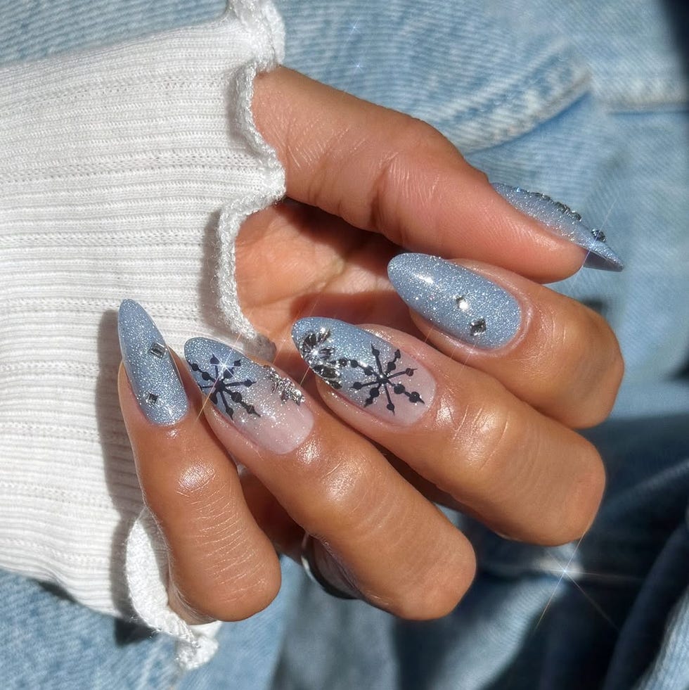 Light Icy Blue Glitter Snowflake Almond Nails — Winter Glitter Nails