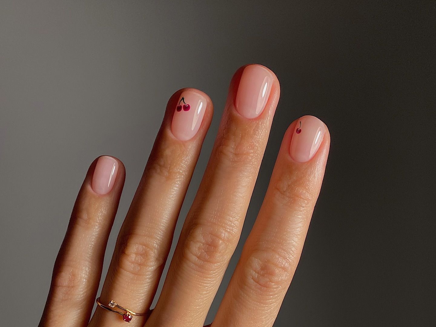 Milky Pink Cherry Accent Round Nails Milky Pink Cherry Accent Round Nails — Classy Simple Nail Designs