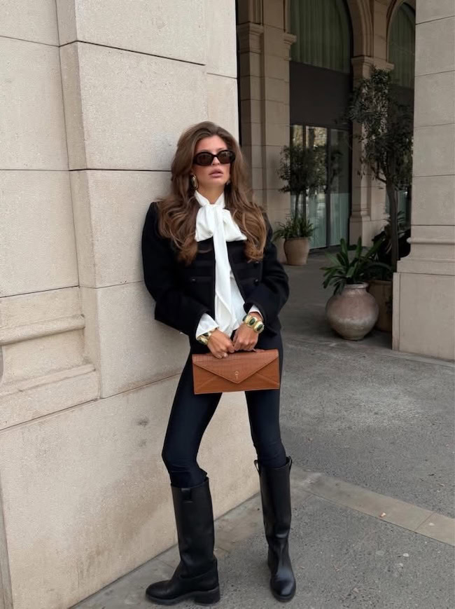 Smart Casual with Black Knee-High Boots and Pussy-Bow Blouse Smart Casual with Black Knee-High Boots and Pussy-Bow Blouse — Knee High Boots Outfits