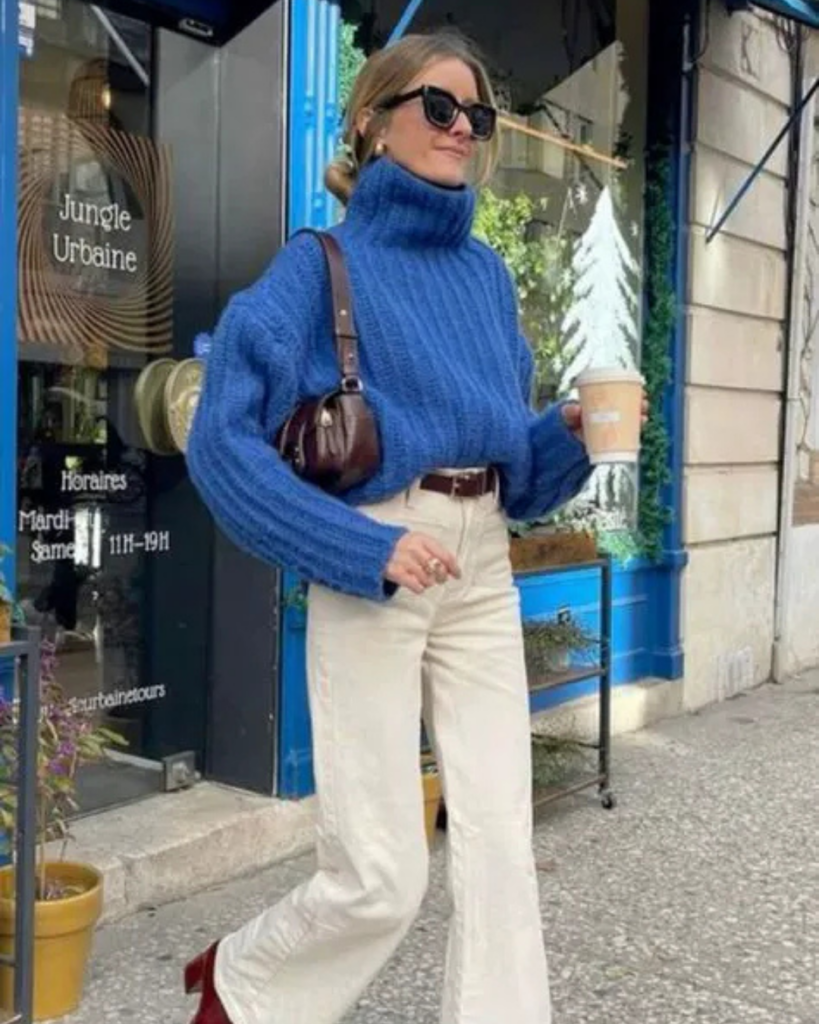 Statement Flared Jeans with a Royal Blue Knit — Winter Outfits with Jeans
