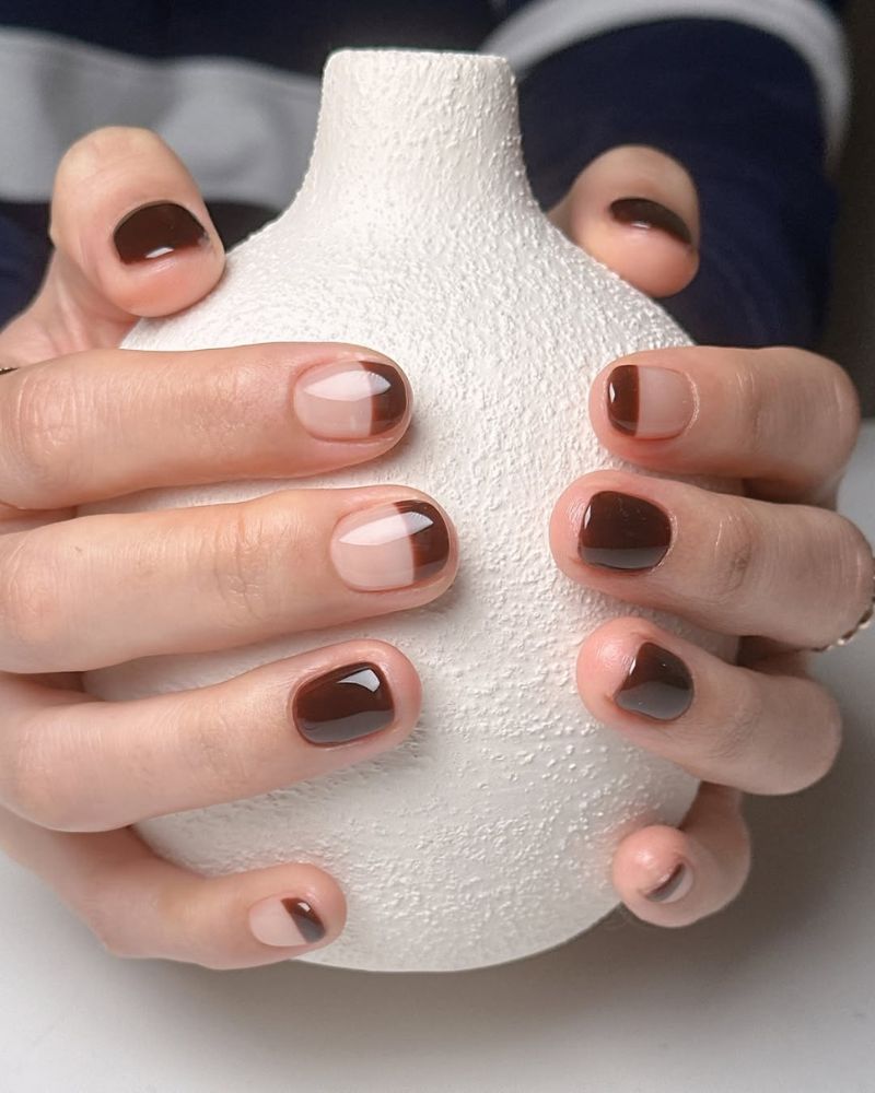 Nude Half Moon Dark Brown Tips Square Nails Nude Half Moon Dark Brown Tips Square Nails — Short Winter Square Nails