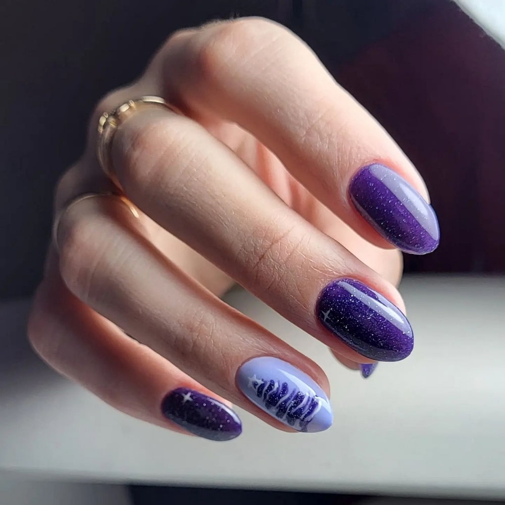 Deep Glittery Purple Christmas Tree Accent — Winter Purple Nails