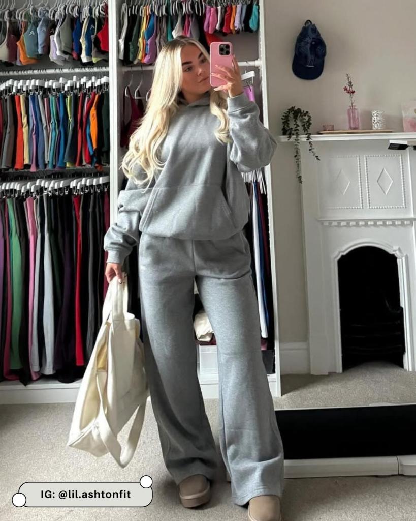 Monochromatic Comfort: Grey Fleece Sweatsuit with Beige Clogs — Sweatpants Outfits