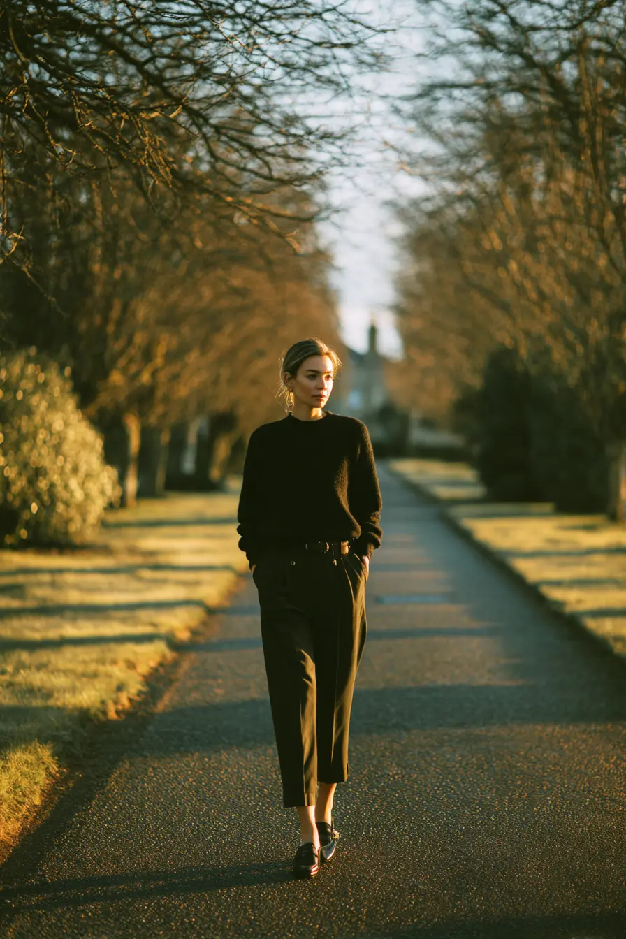 Relaxed Black Sweater with Olive Cropped Trousers Relaxed Black Sweater with Olive Cropped Trousers — Minimalist Winter Outfits