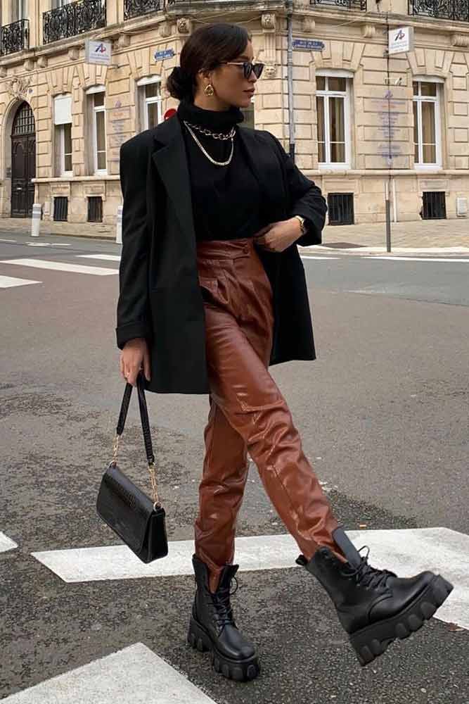 Chic Black Turtleneck and Blazer with Brown Leather Chic Black Turtleneck and Blazer with Brown Leather — Leather Pants Outfits