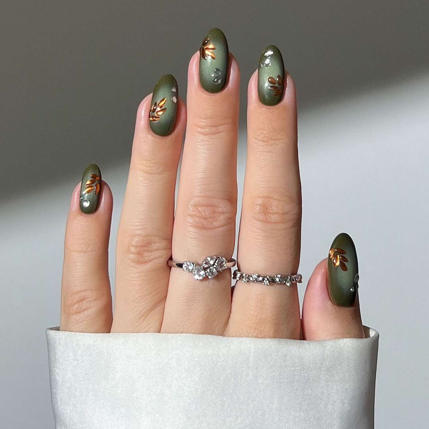 Muted Olive Green Satin with Gold Leaf — Winter Green Nails
