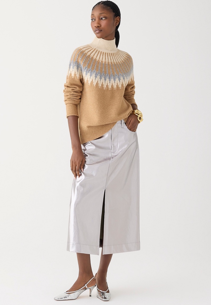 Fair Isle Turtleneck Paired with Metallic Midi Skirt — Turtleneck Outfits