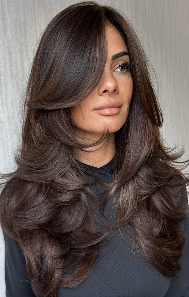 Voluminous Layers With Curtain Bangs Voluminous Layers With Curtain Bangs — Dark Chocolate Brown Hair