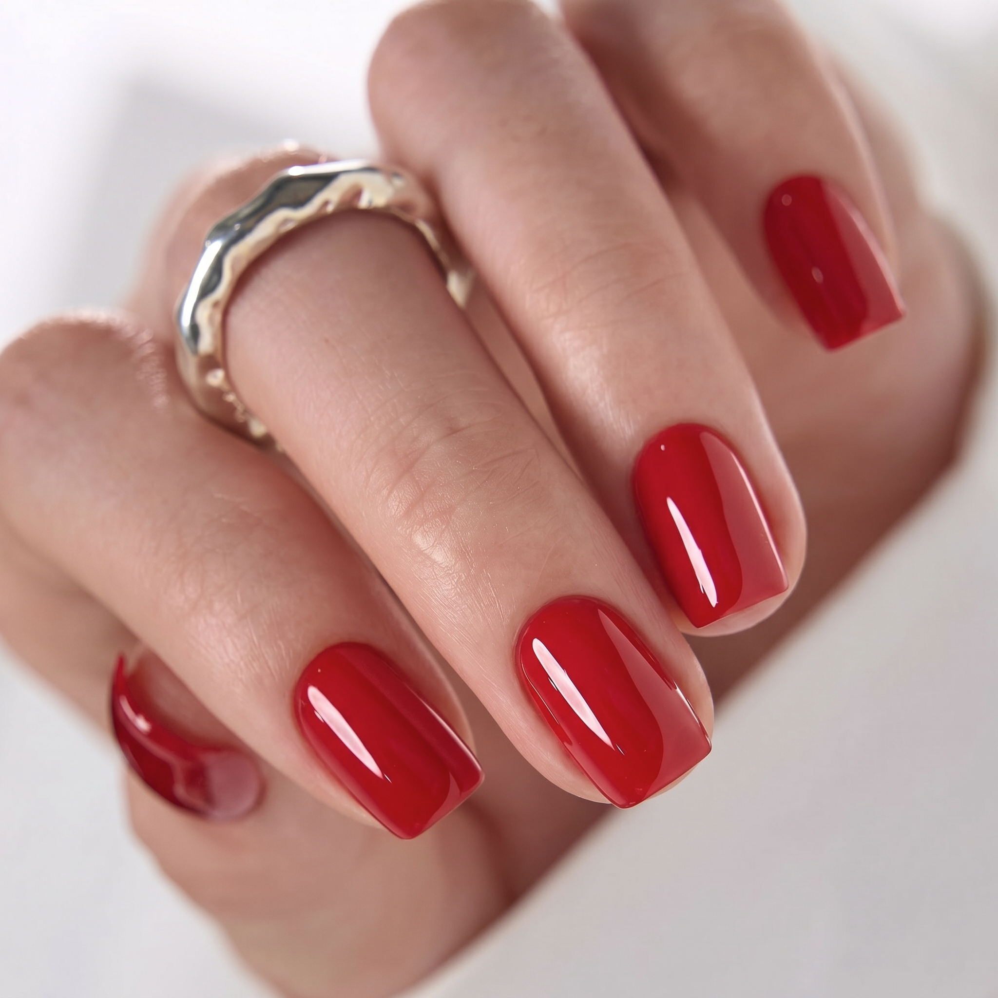 Vibrant Glossy Red Squovals — Winter Squoval Nails