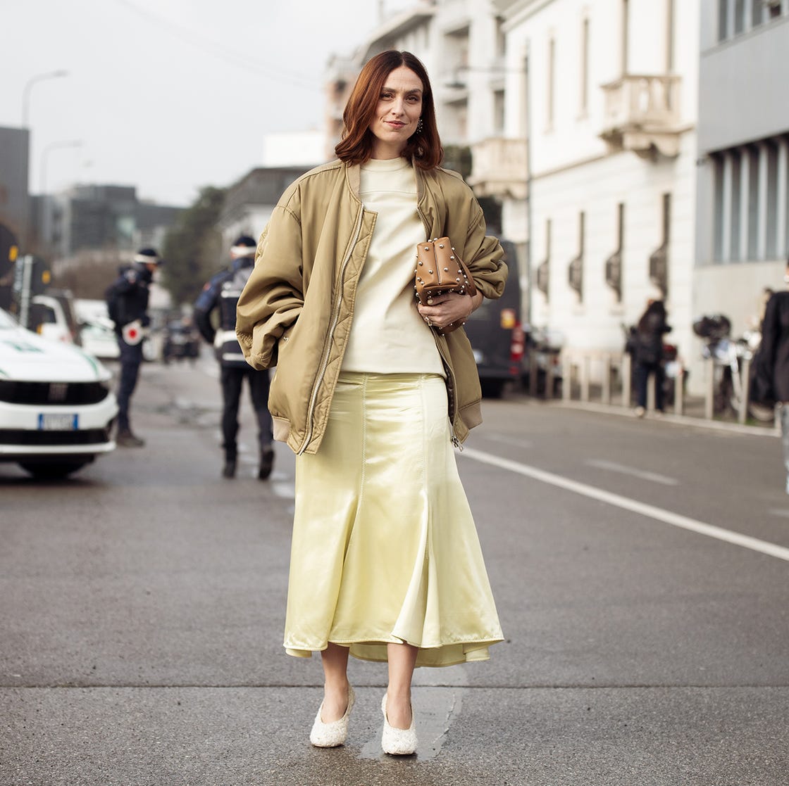 Oversized Bomber Jacket with Satin Midi Skirt — Italy Winter Outfits