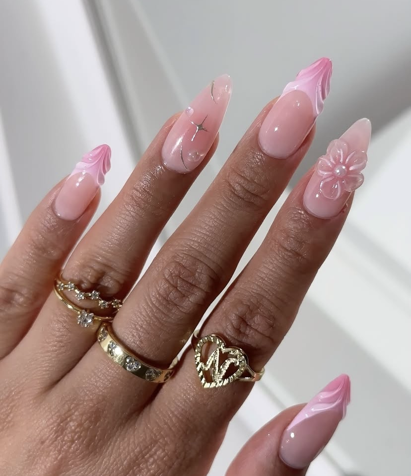 Long Pink Wavy French with 3D Flower Almond Nails Long Pink Wavy French with 3D Flower Almond Nails — Almond Nail Designs