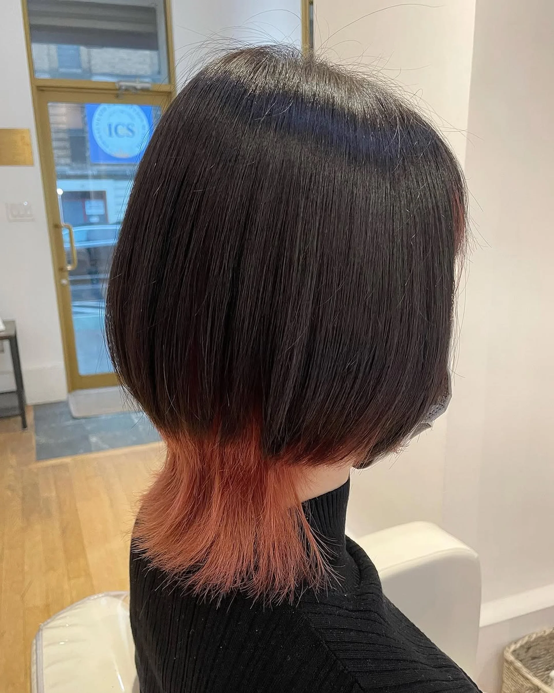 Dark Brown Bob with Peachy-Pink Ends Dark Brown Bob with Peachy-Pink Ends — Deep Winter Hair Color