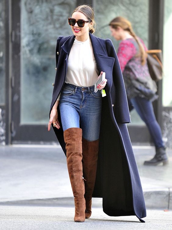 Classic Navy Coat with Denim and Suede Boots — Winter Layering Outfits