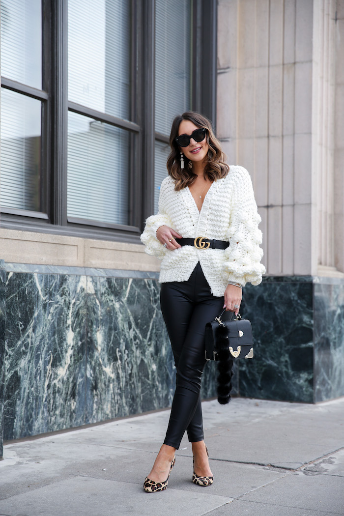 Statement Sleeves: White Textured Cardigan with Belted Waist Statement Sleeves: White Textured Cardigan with Belted Waist — Cardigan Outfits