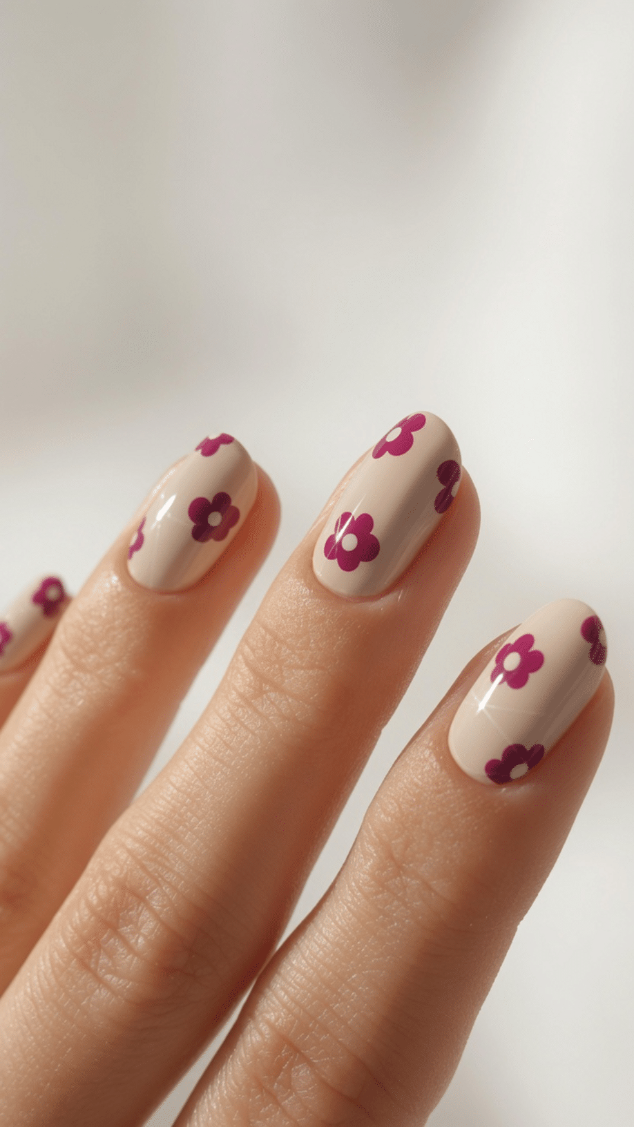 Short Square Beige with Tiny Pink Flowers — Cute Nail Designs