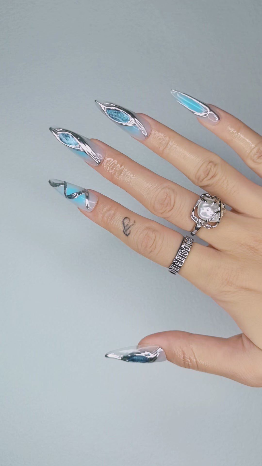 Icy Blue and Silver Press On Nails|3D Chrome Metallic Long Stiletto Na – Double Take Design