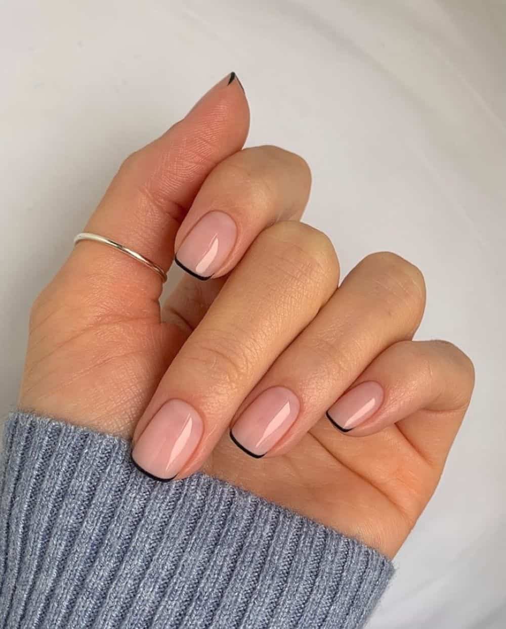Sheer Pink with Black French Tip Sheer Pink with Black French Tip — Short Winter Nails