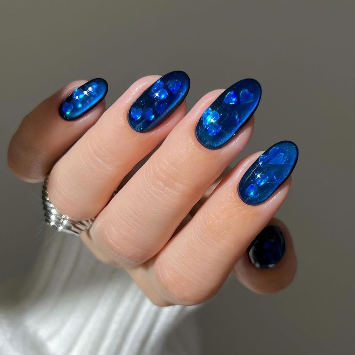 Deep Blue Jelly Glitter Heart Nails — Blue Nail Inspo