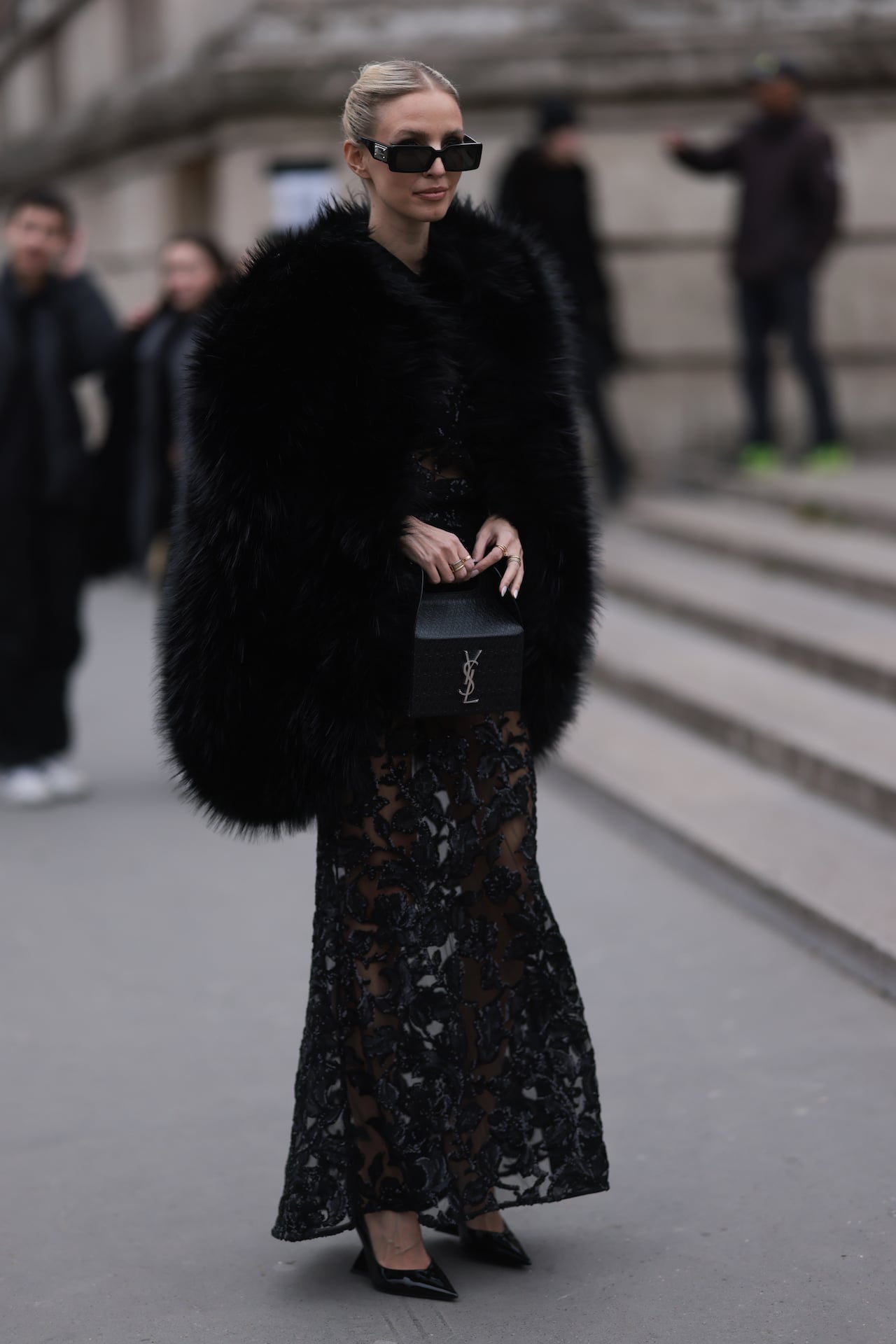 Lace Maxi Dress Under an Oversized Faux Fur Coat for Evening Elegance — Dressy Winter Outfits