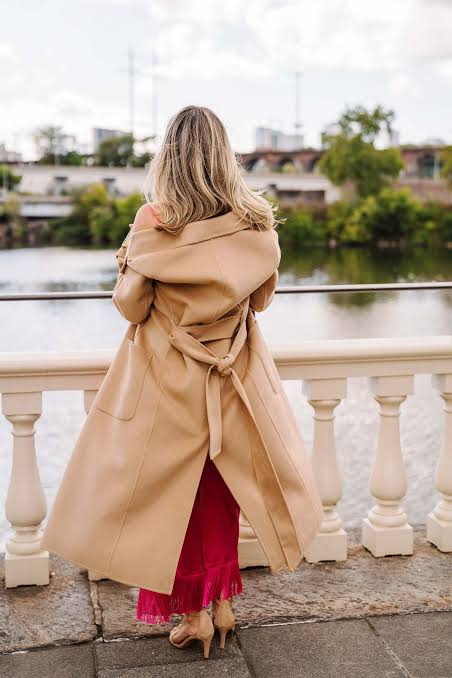 Belted Camel Coat with Fringed Dress — Wool Coat Outfits
