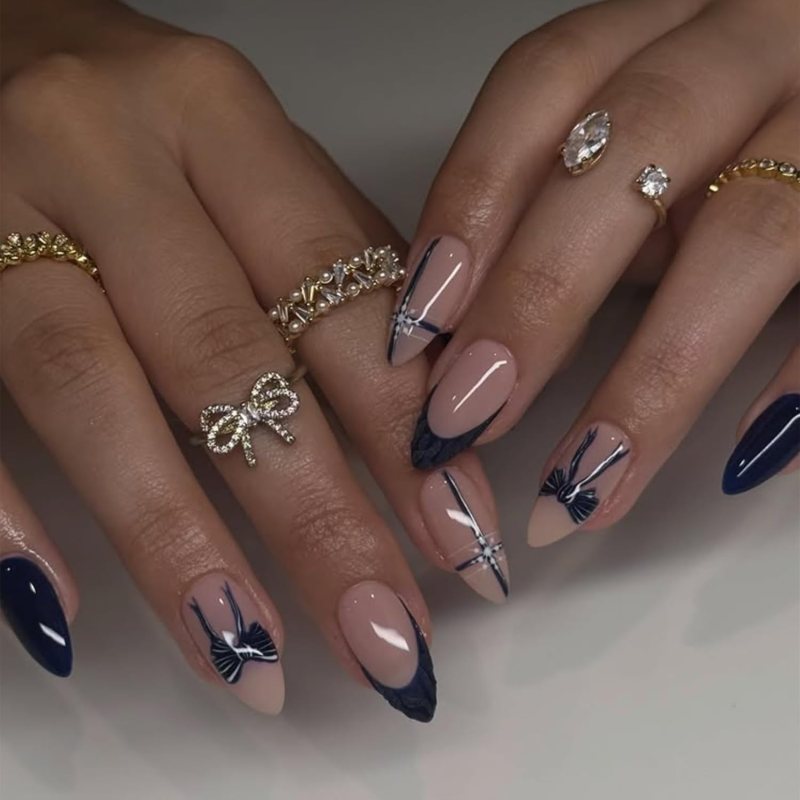Navy Bow French Stilettos Navy Bow French Stilettos — Navy Blue Nails
