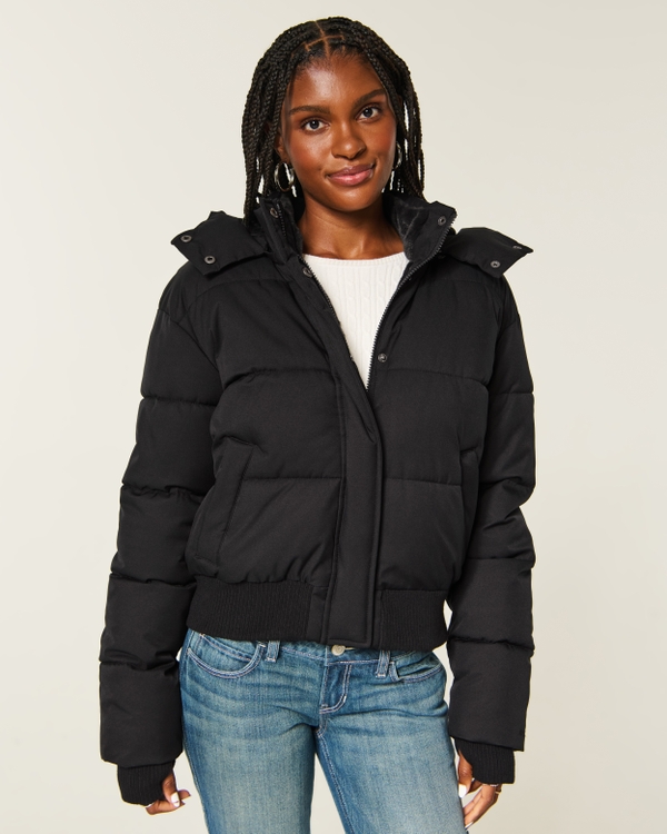 Black Cropped Bomber Puffer Jacket for Edgy Casual Style — Winter Jackets for Women