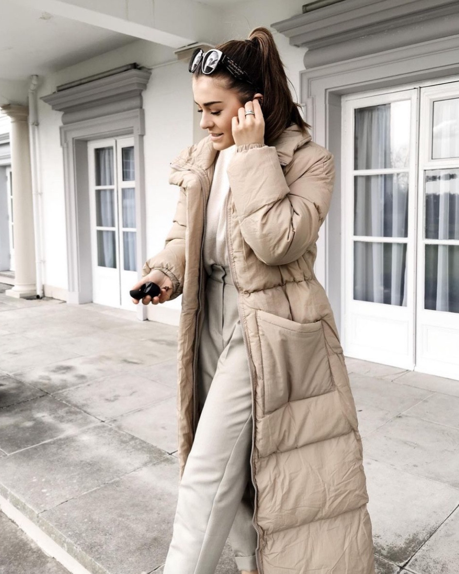Beige Belted Puffer with Cream Knit Beige Belted Puffer with Cream Knit — Winter Puffer Jacket Outfits
