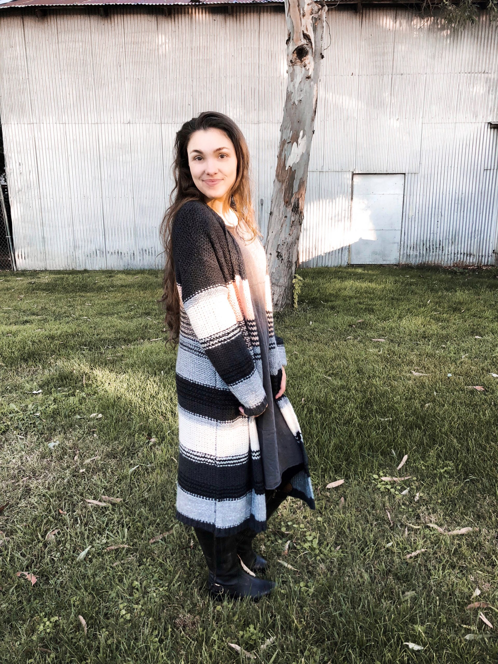 Long Striped Knit Cardigan with Black Boots — Disney Winter Outfits