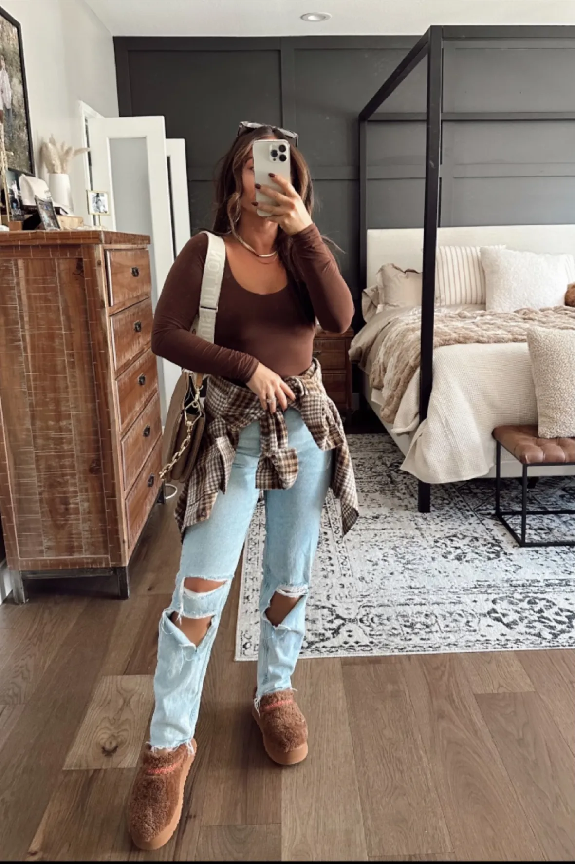 Fuzzy Ugg Slippers with Ripped Jeans and Plaid Shirt — Ugg Slippers Outfits