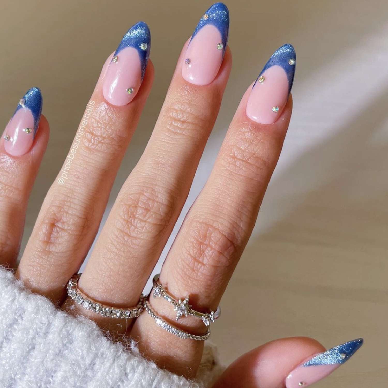 Snowflake Pearl French Almonds — Winter French Tip Nails
