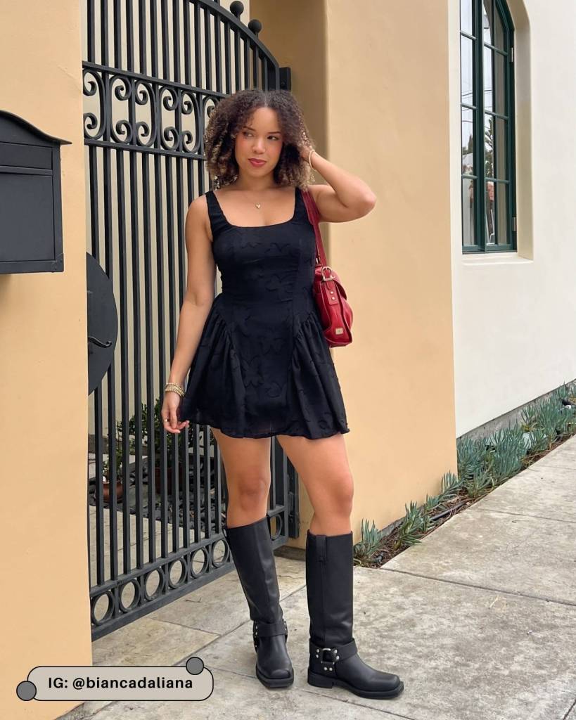 Edgy Daywear: Fit-and-Flare Dress with Chunky Buckle Boots Edgy Daywear: Fit-and-Flare Dress with Chunky Buckle Boots — Black Boots Outfits