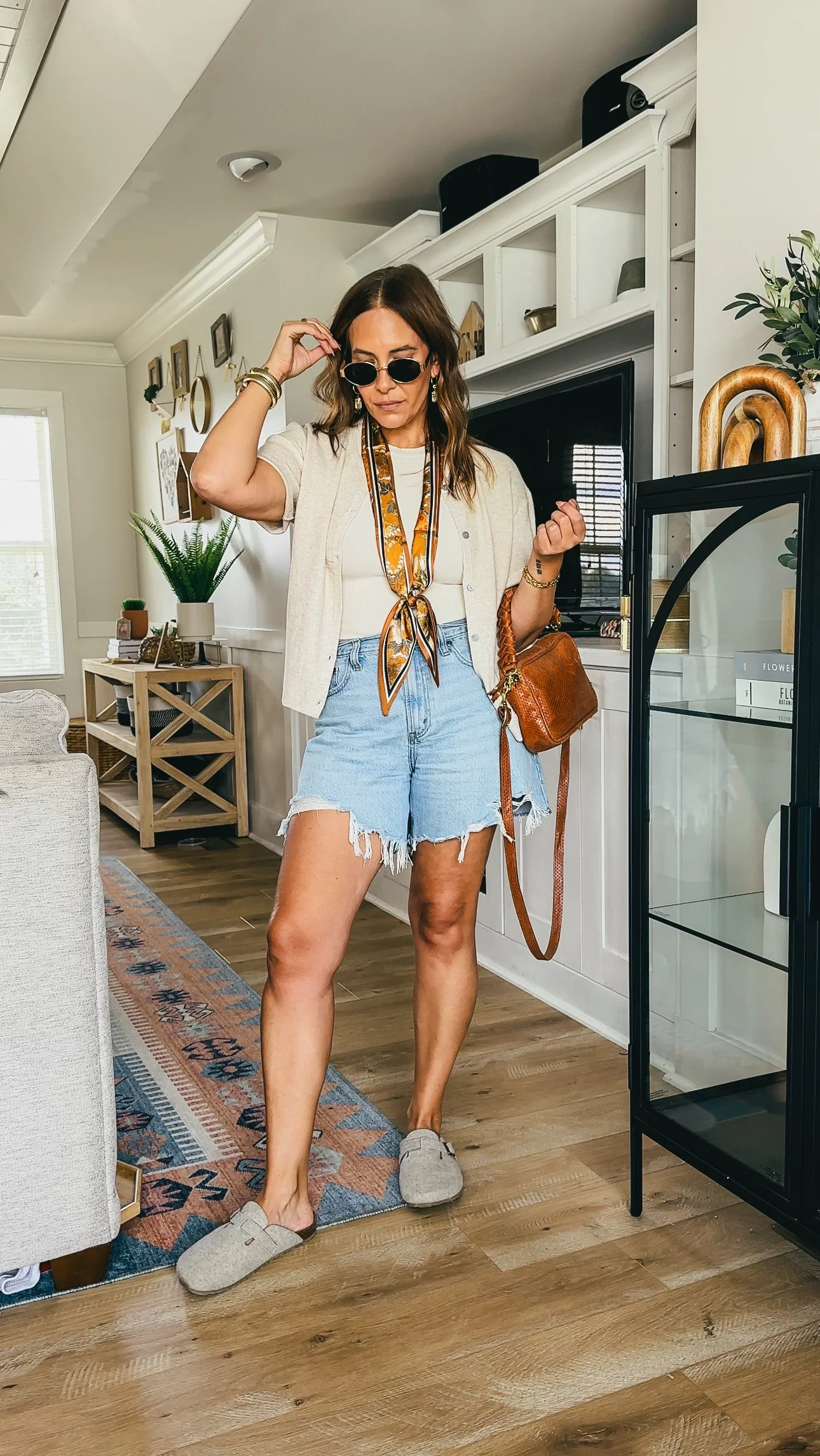 Skinny Patterned Scarf Adds Interest to Suede Jacket Ensemble — Scarf Outfits