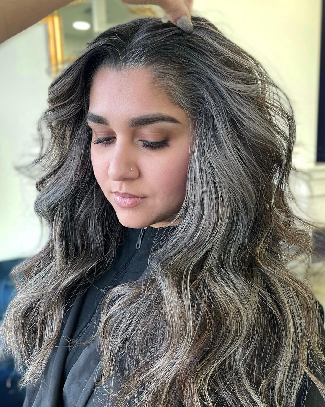 Dark Brown With Gray-Ash Blonde Blend Dark Brown With Gray-Ash Blonde Blend — Gray Blending Highlights
